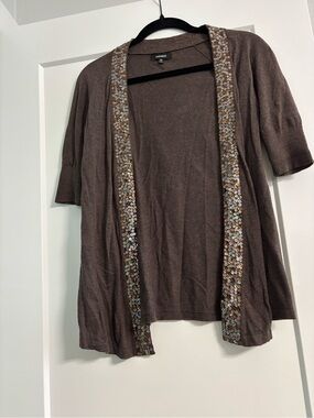 Express Brown Short-Sleeve Cardigan with Sequin Trim